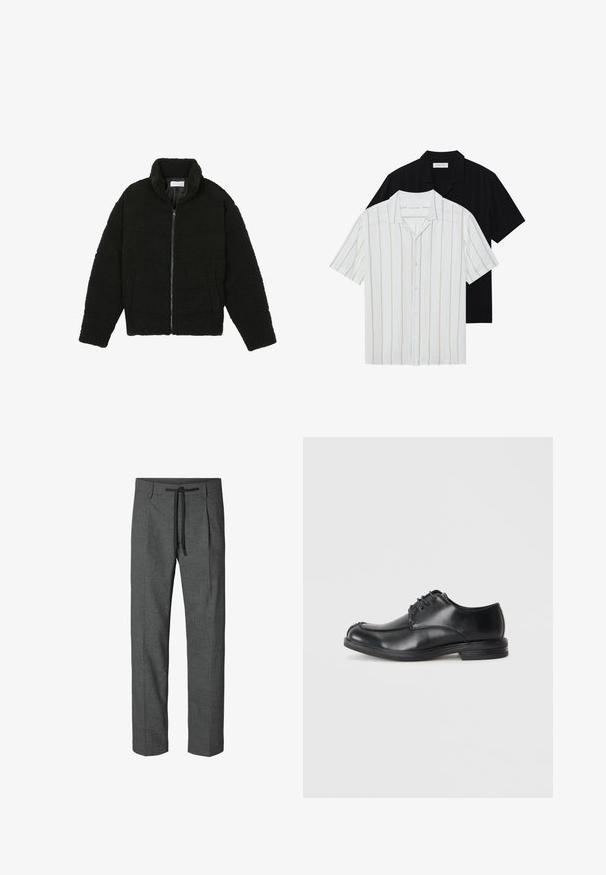 Black, fluffy, zip-up jacket made from textured fleece fabric. Features a high collar and side pockets. Rectangular body shape with long sleeves.; Short-sleeve button-up shirts in white with beige stripes and solid black. Both have classic collar and smooth fabric texture.; Gray tailored trousers with a textured pattern, featuring a drawstring waist and two side pockets. Straight-leg design, no cuffs.; Black leather lace-up shoes with a rounded toe, smooth texture, and a low heel. Features stitching detail along the upper and sides.