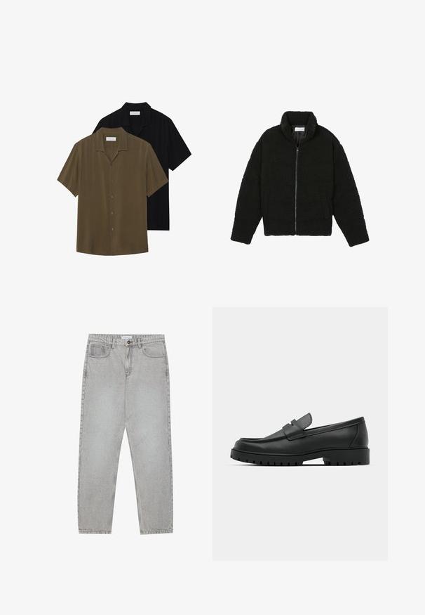 Black, fluffy, zip-up jacket made from textured fleece fabric. Features a high collar and side pockets. Rectangular body shape with long sleeves.; Short-sleeve button-up shirts in olive green and black, featuring a smooth fabric, straight hem, and pointed collar with subtle sheen.; Light grey denim pants with a straight-leg design, five-pocket styling, and a button closure. Visible stitching along the seams.; Black leather loafers with a rounded toe, featuring a stitched design, low platform sole, and a textured, lugged rubber outsole.