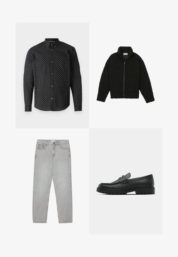 Zwarte, pluizige jas met ritssluiting gemaakt van gestructureerde fleece stof. Heeft een hoge kraag en zijzakken. Rechthoekige lichaamsvorm met lange mouwen.; Zwarte blouse met een patronenontwerp van witte kruisen. Het heeft lange mouwen, een kraag en goudkleurige knopen.; Lichtgrijze denimbroek met een recht model, vijfzakkenstijl en een knoopsluiting. Zichtbare stiksels langs de naden.; Zwarte leren instappers met een ronde neus, voorzien van een gestikt ontwerp, een lage platformzool en een gestructureerde, grof rubberen buitenzool.