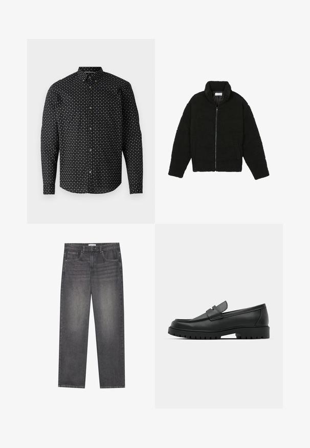 Zwarte, pluizige jas met ritssluiting gemaakt van gestructureerde fleece stof. Heeft een hoge kraag en zijzakken. Rechthoekige lichaamsvorm met lange mouwen.; Zwarte blouse met een patronenontwerp van witte kruisen. Het heeft lange mouwen, een kraag en goudkleurige knopen.; Donkergrijze denim jeans met een rechte snit, voorzien van vijf zakken, een knoopsluiting aan de voorkant en subtiele vervaging over de stof.; Zwarte leren instappers met een ronde neus, voorzien van een gestikt ontwerp, een lage platformzool en een gestructureerde, grof rubberen buitenzool.
