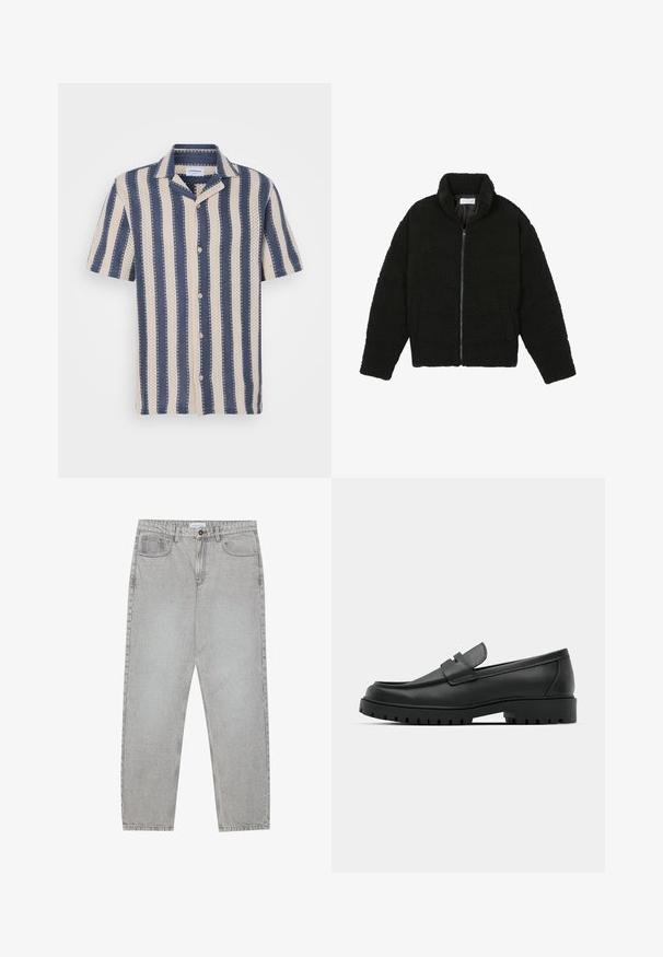 Casaco preto, fofo, com fecho e confeccionado em tecido de lã texturizada. Apresenta gola alta e bolsos laterais. Forma retangular no corpo com mangas compridas.; Camisa de manga curta com um padrão de riscas em azul-marinho e creme, apresentando um decote com colarinho e fecho de botão, feita de tecido respirável.; Calças de ganga cinza claro com um design de perna reta, estilo de cinco bolsos e fecho com botão. Costura visível ao longo das costuras.; Sapatilhas de couro preto com bico arredondado, apresentando um design cosido, sola de plataforma baixa e um solado de borracha texturizado e com cravos.