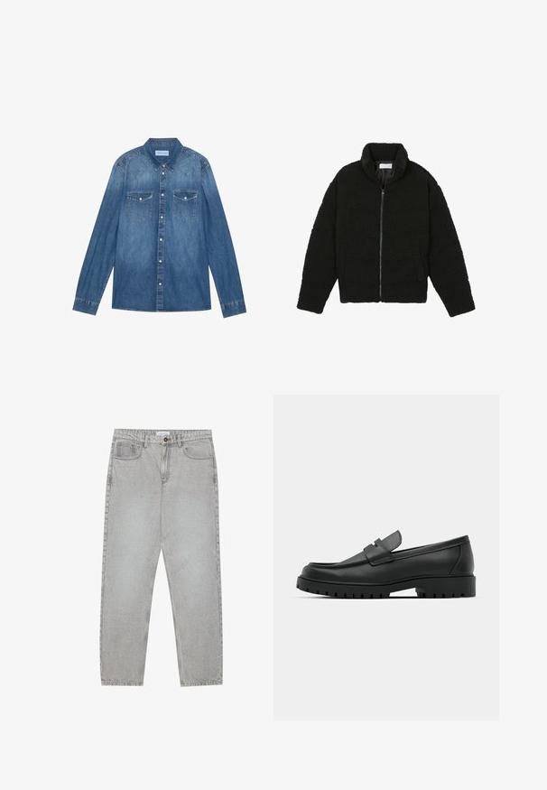 Giacca nera, soffice e con chiusura a zip, realizzata in tessuto in pile testurizzato. Presenta un collo alto e tasche laterali. Forma del corpo rettangolare con maniche lunghe.; Camicia in denim blu scuro con maniche lunghe, colletto classico, chiusura con bottoni, due tasche sul petto e cuciture a contrasto sui fianchi.; Pantaloni in denim grigio chiaro con design a gamba dritta, stile a cinque tasche e chiusura con bottone. Cuciture visibili lungo le cuciture.; Mocassini in pelle nera con punta rotonda, caratterizzati da un design cucito, suola piatta bassa e un battistrada in gomma testurizzata e scolpita.