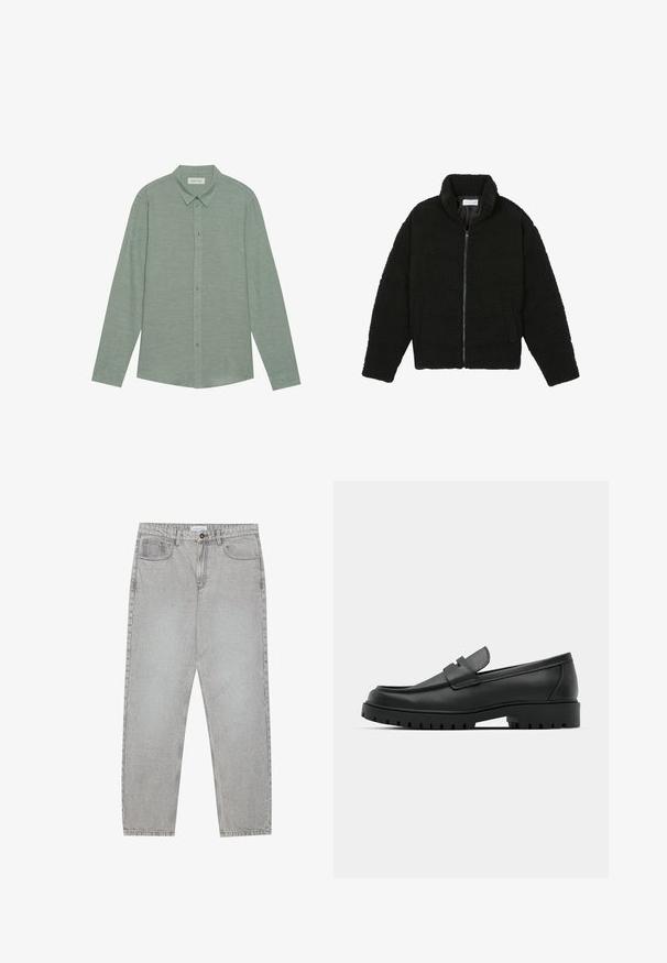 Sort, luftig, lynlåstrøje lavet af tekstureret fleece-stof. Har en høj krave og sidelommer. Rektangulær kropsform med lange ærmer.; Langærmet skjorte med knapper i lysegrønt linnedstof med spidse kraver og matchende knapper, der har en subtil tekstur.; Lysegrå denimbukser med lige ben, fem lommer og knaplukning. Synlig syning langs sømmene.; Sorte læder loafers med rund tå, der har et syet design, lav platformssål og en struktureret, skridsikker gummisål.