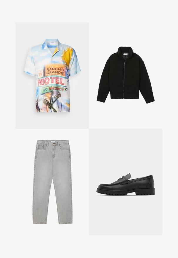 Melnā, pūkaina pārvelkama jaka no teksturēta flīsa auduma. Aprīkota ar augstu apkakli un sānu kabatām. Taisnstūra formas ķermenis ar garām piedurknēm.; Īsām piedurknēm krekls ar pogām, kas rotāts ar krāsainu moteļa zīmi, izmantojot zilo, dzelteno un zaļo krāsu toņus, izgatavots no viegla auduma.; Gai pelēko džinsu bikses ar taisnajām kājām, piecu kabatu stilu un pogu aizdari. Redzama šuvju apstrāde gar šuvēm.; Melnas ādas loafers ar noapaļotu purngalu, ar izšūtu dizainu, zemu platformas zoli un teksturētu, rievotu gumijas ārējo zoli.