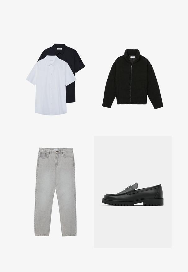 Black, fluffy, zip-up jacket made from textured fleece fabric. Features a high collar and side pockets. Rectangular body shape with long sleeves.; Short-sleeve button-up shirts in white and black, made of cotton blend fabric. Features a classic collar and a straight hem.; Light grey denim pants with a straight-leg design, five-pocket styling, and a button closure. Visible stitching along the seams.; Black leather loafers with a rounded toe, featuring a stitched design, low platform sole, and a textured, lugged rubber outsole.
