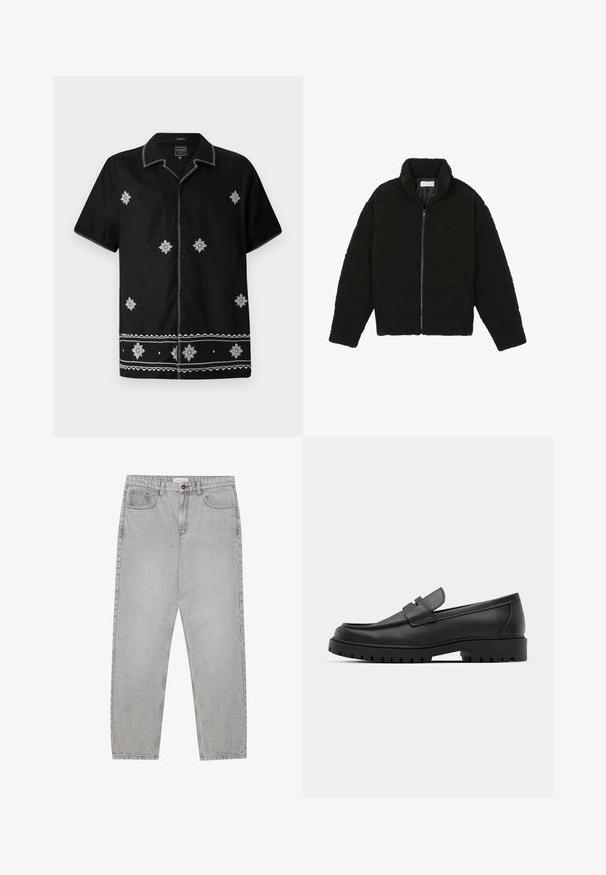 Svart, fluffy glidelåsjakke laget av teksturert fleece-stoff. Har høy krage og sidelommer. Rektangulær kropp med lange ermer.; Svart kortermet skjorte laget av stoff med hvite broderte mønstre og detaljer. Har en knapp-oppe foran og dekorativ søm.; Lys grå denimbukser med rett ben-design, fem lommer og knappelukking. Synlig søm langs sømmene.; Sorte lærloafere med rund tå, med en syddesign, lav plattformsåle og en teksturert, ruggede gummisåle.