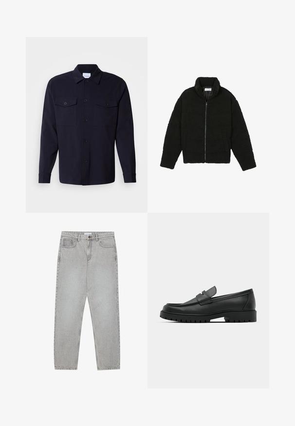 Casaco preto, fofo, com fecho e confeccionado em tecido de lã texturizada. Apresenta gola alta e bolsos laterais. Forma retangular no corpo com mangas compridas.; Camisa-jaqueta azul-marinho feita de tecido suave, com dois bolsos no peito, fechamento frontal com botões e mangas longas com punhos com botão.; Calças de ganga cinza claro com um design de perna reta, estilo de cinco bolsos e fecho com botão. Costura visível ao longo das costuras.; Sapatilhas de couro preto com bico arredondado, apresentando um design cosido, sola de plataforma baixa e um solado de borracha texturizado e com cravos.