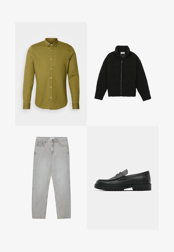 Giacca nera, soffice e con chiusura a zip, realizzata in tessuto in pile testurizzato. Presenta un collo alto e tasche laterali. Forma del corpo rettangolare con maniche lunghe.; Scotch & Soda SEASONAL ESSENTIALS SOLID SHIRT - Camicia elegante - moss green; Pantaloni in denim grigio chiaro con design a gamba dritta, stile a cinque tasche e chiusura con bottone. Cuciture visibili lungo le cuciture.; Mocassini in pelle nera con punta rotonda, caratterizzati da un design cucito, suola piatta bassa e un battistrada in gomma testurizzata e scolpita.