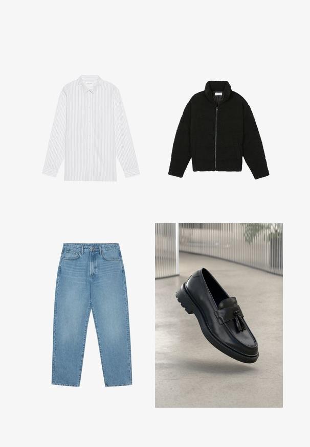 Giacca nera, soffice e con chiusura a zip, realizzata in tessuto in pile testurizzato. Presenta un collo alto e tasche laterali. Forma del corpo rettangolare con maniche lunghe.; Camicia bianca con sottili righe verticali nere, dotata di colletto classico e maniche lunghe con polsini abbottonati.; Jeans in denim azzurro chiaro con taglio a gamba dritta, design a cinque tasche e una texture leggermente slavata. Presentano una chiusura con bottone e zip.; Mocassini in pelle nera con finitura liscia, nappe decorative, suola spessa in gomma e dettagli cuciti. Design leggero ed elegante.