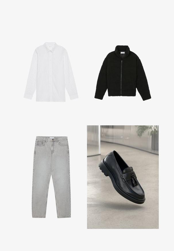 Giacca nera, soffice e con chiusura a zip, realizzata in tessuto in pile testurizzato. Presenta un collo alto e tasche laterali. Forma del corpo rettangolare con maniche lunghe.; Camicia bianca con sottili righe verticali nere, dotata di colletto classico e maniche lunghe con polsini abbottonati.; Pantaloni in denim grigio chiaro con design a gamba dritta, stile a cinque tasche e chiusura con bottone. Cuciture visibili lungo le cuciture.; Mocassini in pelle nera con finitura liscia, nappe decorative, suola spessa in gomma e dettagli cuciti. Design leggero ed elegante.