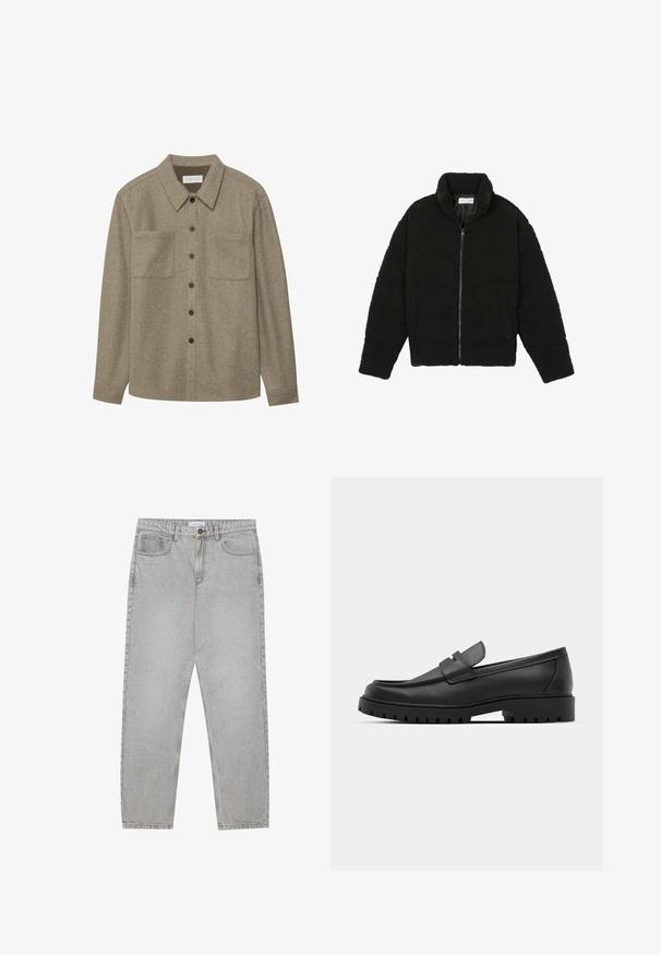Sort, luftig, lynlåstrøje lavet af tekstureret fleece-stof. Har en høj krave og sidelommer. Rektangulær kropsform med lange ærmer.; Brun uld button-up skjorte med spidse kraver, to brystlommer og sorte knapper. Glat tekstur med afslappet pasform.; Lysegrå denimbukser med lige ben, fem lommer og knaplukning. Synlig syning langs sømmene.; Sorte læder loafers med rund tå, der har et syet design, lav platformssål og en struktureret, skridsikker gummisål.