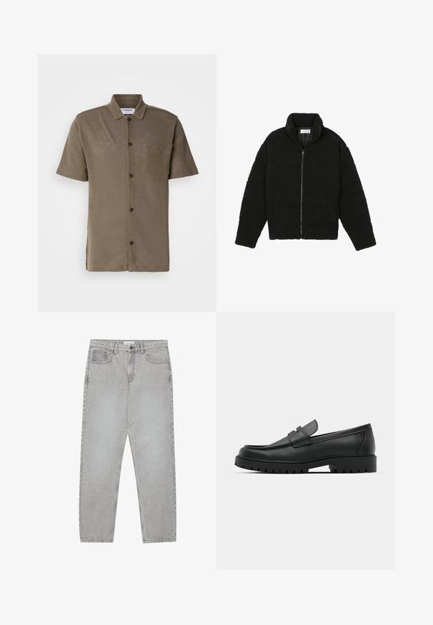 Černá, nadýchaná bunda na zip vyrobená z texturované fleecové látky. Má vysoký límec a boční kapsy. Obdélníkový tvar těla s dlouhými rukávy.; Košile s krátkým rukávem v olivově zelené barvě vyrobená z jemného síťového materiálu, s tlačnou přední částí, náprsní kapsou a volným střihem.; Světlé šedé džíny s rovnými nohavicemi, pět kapsami a knoflíkovým zapínáním. Viditelné švy podél švů.; Černé kožené mokasíny s kulatou špičkou, zdobené prošitím, s nízkou platformou a texturovanou gumovou podrážkou s drážkováním.