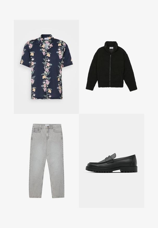 Juoda, pūkuota striukė su užtrauktuku, pagaminta iš tekstūruotos fliso medžiagos. Turi aukštą apykaklę ir šonines kišenes. Stačiakampio formos kūnas su ilgomis rankovėmis.; Tamsiai mėlynas trumpų rankovių marškiniai, kuriuose yra gėlių raštas su rožinėmis ir geltonomis gėlėmis, bei klasikinis apykaklė su mygtukais.; Šviesiai pilki džinsai su tiesiu kirpimu, penkiais kišenėmis ir mygtuko uždarymu. Matoma siuvimo linija palei siūles.; Juodi odiniai loaferiai su apvalia nosimi, su siuvinėtu dizainu, žemu platformos padu ir tekstūruotu, sukibimo raštu padu.