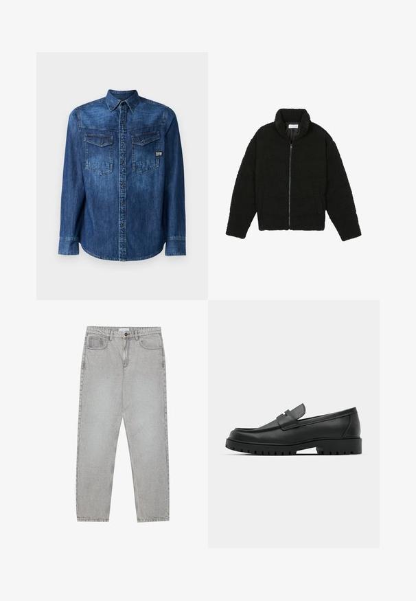 Crna, mekana jakna na patent izrađena od tkanine teksturiranog flisa. Ima visok ovratnik i bočne džepove. Pravokutnog je kroja s dugim rukavima.; Traper košulja, tamnoplava, dugih rukava, kopčanje na dugmad, dva džepa na prsima s preklopom, brendirana oznaka na donjoj lijevoj strani, standardni okovratnik.; Svijetlosivi traper hlače s ravnim nogavicama, stilom s pet džepova i kopčanjem na gumb. Vidljivo šivenje duž šavova.; Crne kožne mokasine s zaobljenim vrhom, s ušivenim dizajnom, niskom platformom i teksturiranim, gumenim potplatom s izbočinama.