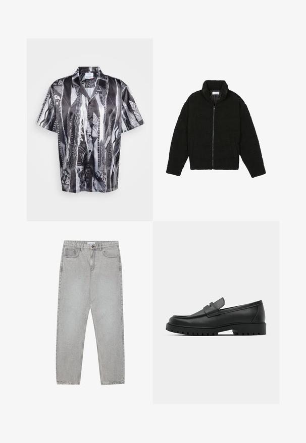 Schwarze, flauschige Jacke mit Reißverschluss aus strukturiertem Fleece-Stoff. Verfügt über einen hohen Kragen und Seitentaschen. Rechteckige Körperform mit langen Ärmeln.; Kurzärmliges Hemd mit Knopfleiste in Schwarz und Weiß mit einem strukturierten Schlangenmuster, das einen lockeren Kragen und einen glatten Stofffinish aufweist.; Helle graue Jeanshose mit gerade geschnittenem Design, Fünf-Taschen-Stil und Knopfverschluss. Sichtbare Nähte entlang der Seitennähte.; Schwarze Lederloafer mit runder Zehenform, ausgestattet mit einem gesteppten Design, niedrigem Plattformsohle und einer strukturierten, genoppten Gummisohle.