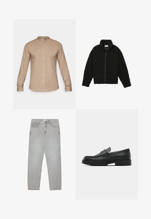 Melnā, pūkaina pārvelkama jaka no teksturēta flīsa auduma. Aprīkota ar augstu apkakli un sānu kabatām. Taisnstūra formas ķermenis ar garām piedurknēm.; Bēša krūšu krekls ar garām piedurknēm, ar pogām priekšā un gludu tekstūru. Tam ir viegla spīdība, standarta aproces un nav rakstu.; Gai pelēko džinsu bikses ar taisnajām kājām, piecu kabatu stilu un pogu aizdari. Redzama šuvju apstrāde gar šuvēm.; Melnas ādas loafers ar noapaļotu purngalu, ar izšūtu dizainu, zemu platformas zoli un teksturētu, rievotu gumijas ārējo zoli.