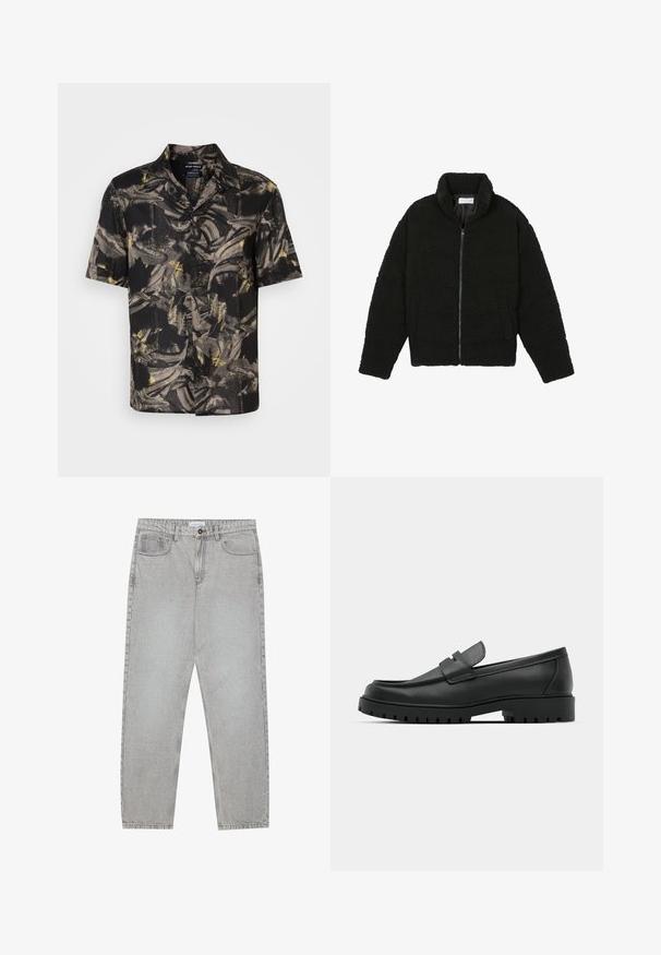 Juoda, pūkuota striukė su užtrauktuku, pagaminta iš tekstūruotos fliso medžiagos. Turi aukštą apykaklę ir šonines kišenes. Stačiakampio formos kūnas su ilgomis rankovėmis.; Juodas trumpas rankovėmis marškinėliai su abstrakčiu pilku ir geltonu raštu, pagaminti iš lengvos medžiagos su sagų apykakle ir priekinėmis sagutėmis.; Šviesiai pilki džinsai su tiesiu kirpimu, penkiais kišenėmis ir mygtuko uždarymu. Matoma siuvimo linija palei siūles.; Juodi odiniai loaferiai su apvalia nosimi, su siuvinėtu dizainu, žemu platformos padu ir tekstūruotu, sukibimo raštu padu.