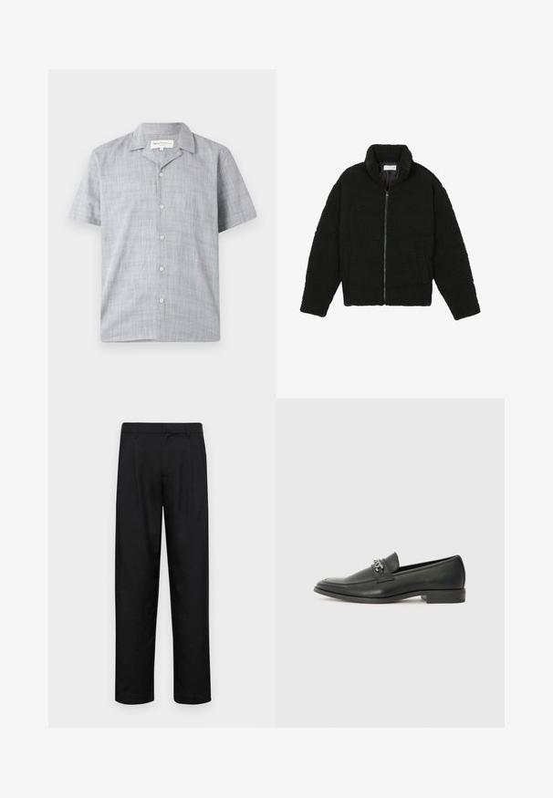 Svart, fluffig jacka med dragkedja gjord av texturerat fleecetyg. Har en hög krage och sidofickor. Rektangulär kroppssiluett med långa ärmar.; Kortärmad skjorta i ljusgrått, tillverkad av texturerad tyg. Har en krage, sex knappar och en avslappnad passform.; Svarta byxor i slät väv, med rak ben-design, två framfickor och standardmidja med bälteshällor.; Svart läderloafers med en slät yta, med en sydd design och en dekorativ metallkedjeaccent över västen. Platt häldesign.