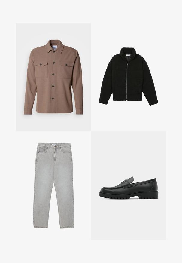 Jachetă neagră, pufoasă, cu fermoar, fabricată din material fleece texturat. Are un guler înalt și buzunare laterale. Formă dreptunghiulară a corpului cu mâneci lungi.; Cămașă maro cu butoane, realizată dintr-un material texturat, cu mâneci lungi, două buzunare pe piept și butoane negre. Design clasic al gulerului.; Pantaloni din denim gri deschis cu un design cu picioare drepte, stil cu cinci buzunare și închidere cu nasture. Cusături vizibile de-a lungul cusăturilor.; Mocasini din piele neagră cu vârful rotunjit, având un design cusut, talpă joasă și o talpă din cauciuc texturat, cu crampoane.