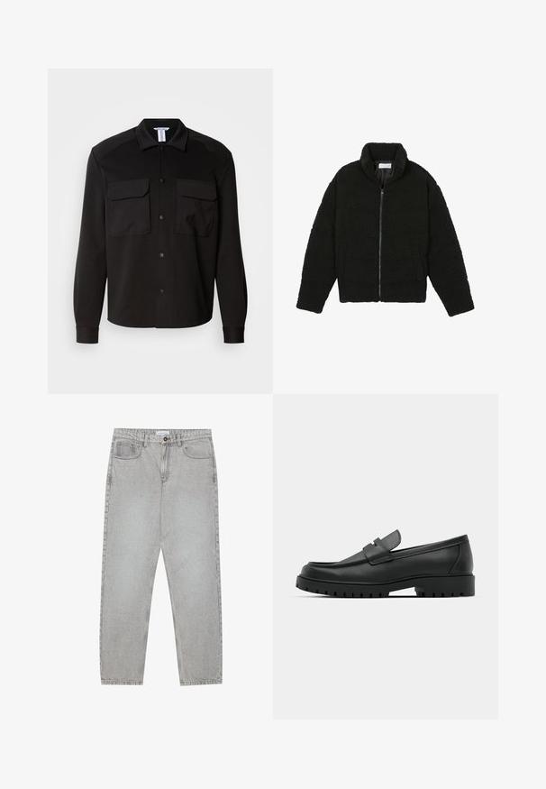 Jachetă neagră, pufoasă, cu fermoar, fabricată din material fleece texturat. Are un guler înalt și buzunare laterale. Formă dreptunghiulară a corpului cu mâneci lungi.; Jachetă neagră dintr-un material fin, ușor. Include două buzunare pe piept, închidere cu nasturi și guler ascuțit. Mâneci lungi cu manșete.; Pantaloni din denim gri deschis cu un design cu picioare drepte, stil cu cinci buzunare și închidere cu nasture. Cusături vizibile de-a lungul cusăturilor.; Mocasini din piele neagră cu vârful rotunjit, având un design cusut, talpă joasă și o talpă din cauciuc texturat, cu crampoane.