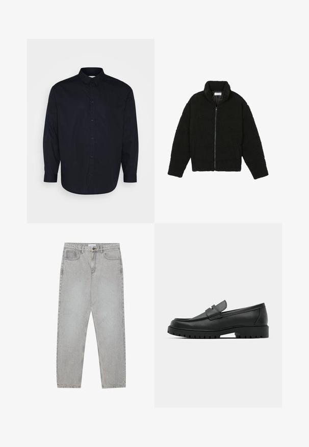 Black, fluffy, zip-up jacket made from textured fleece fabric. Features a high collar and side pockets. Rectangular body shape with long sleeves.; Pier One Shirt - black; Light grey denim pants with a straight-leg design, five-pocket styling, and a button closure. Visible stitching along the seams.; Black leather loafers with a rounded toe, featuring a stitched design, low platform sole, and a textured, lugged rubber outsole.