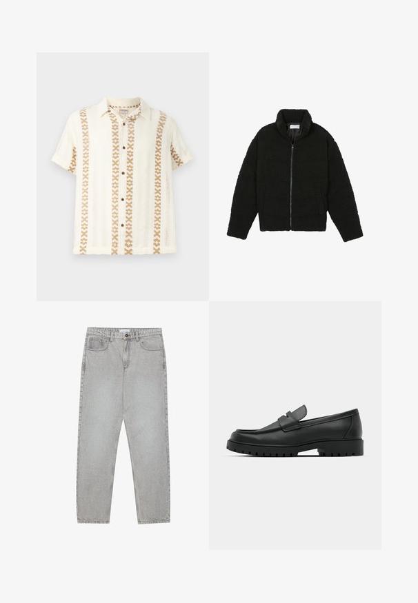 Fekete, bolyhos, cipzáras kabát texturált fleece anyagból. Magas gallérral és oldalzsebekkel rendelkezik. Téglalap alakú test és hosszú ujjak.; Rövid ujjú, gombos ing bézs és krém színben, szőtt mintákkal és texturált anyagból. Több színű csíkos mintázat az elején.; Világosszürke farmernadrág egyenes szabással, öt zsebes stílusban, gombos záródással. Látható varrások az illesztéseknél.; Fekete bőr loafer cipők kerek orral, varrott mintázattal, alacsony platformtalpú és texturált, barázdált gumitalppal.