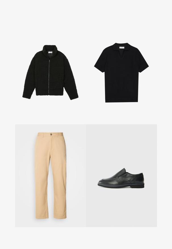 Μαύρο, αφράτο μπουφάν με φερμουάρ, κατασκευασμένο από υφασμάτινη υφή φλις. Διαθέτει ψηλό γιακά και πλαϊνές τσέπες. Ορθογώνιο σχήμα σώματος με μακριά μανίκια.; Μαύρο κοντομάνικο polo με υφή από ριμπ ύφασμα, διαθέτοντας V-λαιμό και ευθεία ραφή. Χωρίς ορατά λογότυπα ή σχέδια.; Χακί βαμβακερά παντελόνια με ίσια γραμμή, που διαθέτουν κούμπωμα μπροστά και θηλάκια ζώνης. Λείο υλικό και απλή επιφάνεια.; Μαύρο δερμάτινο παπούτσι χωρίς κορδόνια με λείο επάνω μέρος, ραφές, στρογγυλή μύτη και χαμηλό λάστιχο τακούνι. Η σόλα διαθέτει ελάχιστο σχέδιο.