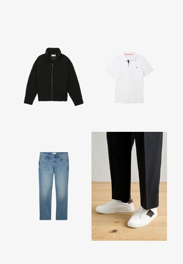 Pier One Fleecová bunda - black; Bílá polo košile s černým límečkem s oranžovým lemem, krátkými rukávy a malým logem na hrudi. Vyrobena z prodyšné bavlněné směsi.; Modré džínové kalhoty se straight leg designem, vybavené pěti kapsami a mírně vybledlým vzhledem. Tkanina má hladkou texturu a mírnou elasticitu.; Bílé tenisky s hladkým povrchem, s hnědými koženými akcenty a černými detaily, kombinované s černými kalhotami na míru. Pozadí tvoří dřevěná podlaha.
