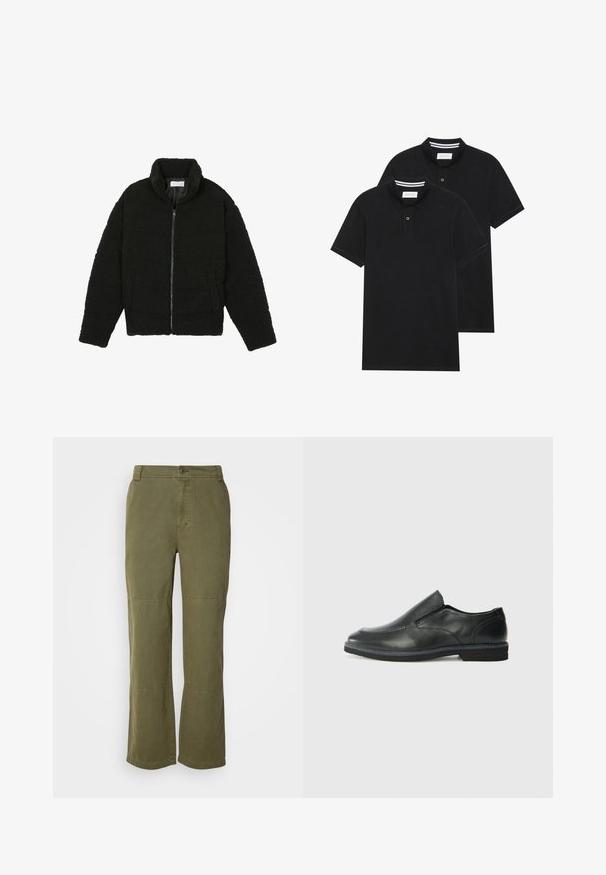 Must, kohev lukuga jope, valmistatud tekstureeritud fliiskangast. Omadusteks kõrge krae ja küljetaskud. Ristkülikukujuline keha pikkade varrukatega.; Kaks musta polo särki, lühikeste varrukatega, puuvillane materjal, klassikalise kraega, kahe nupuga kinnitusega, valgete triipudega krae sisepinnal.; Olive rohelised puuvillased püksid, sirge jala disainiga, nähtava nööbiga sulgemise ja põlvekasutustega aktsentide lisamiseks, et anda detaili ja struktuuri.; Must musta laia suuga king, millel on sile ülemine osa, õmmeldud detailid, ümmargune nina ja madal kummist konts. Tallal on minimaalne mustr.