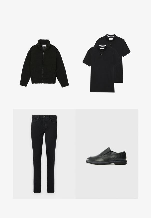 Crna, mekana jakna na patent izrađena od tkanine teksturiranog flisa. Ima visok ovratnik i bočne džepove. Pravokutnog je kroja s dugim rukavima.; Dva crna polo majice, kratki rukavi, pamučni materijal, sa klasičnom ovratnikom, čepom sa dva gumba i bijelim prugastim detaljima unutar ovratnika.; Tamne traperice s uskim krojem, pet džepova i metalnim kopčanjem. Glatka tekstura i ujednačena boja.; Crne kožne cipele na sklapanje s glatkom gornjom površinom, prošivenim detaljima, zaobljenim vrhom i niskim gumene potplate. Potplat ima minimalne uzorke.