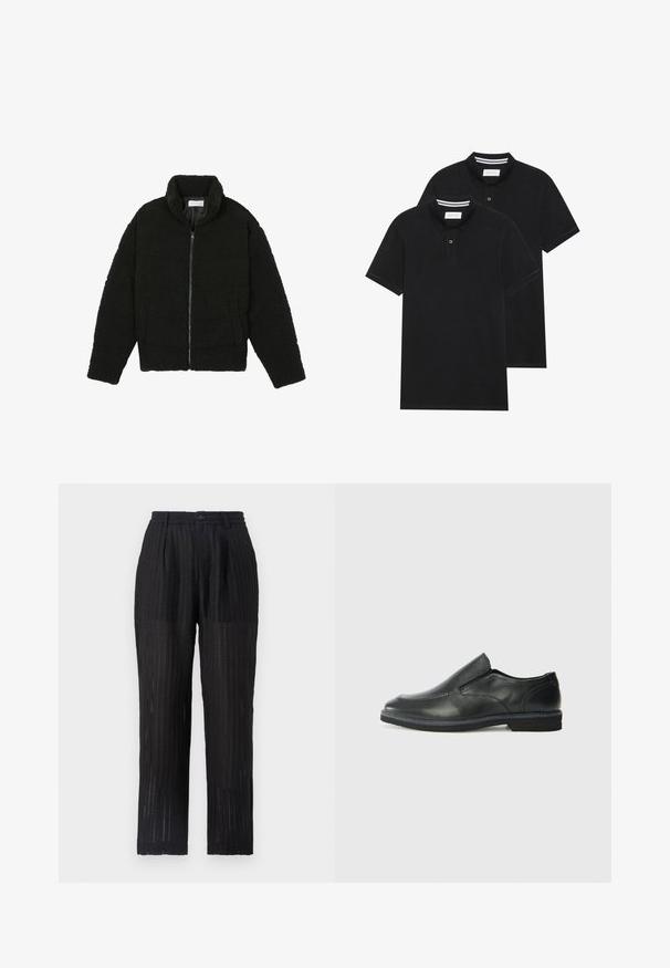 Juoda, pūkuota striukė su užtrauktuku, pagaminta iš tekstūruotos fliso medžiagos. Turi aukštą apykaklę ir šonines kišenes. Stačiakampio formos kūnas su ilgomis rankovėmis.; Du žaidimų juodos polo marškiniai, trumpomis rankovėmis, pagaminti iš medvilnės, su klasikinėmis apykaklėmis, dviem mygtukais priekyje ir baltais dryžiais apykaklės viduje.; Juodos, klostuotos kelnės su tekstūruotu, raštuotu audiniu. Yra elastingas juosmuo ir sagų užsegimas, tiesaus kirpimo dizainas.; Juodai odiniai įtvirtinimo batai su lygiu paviršiumi, siuvinėjimo akcentais, apvalia nosimi ir žemu guminiu kulnu. Pado raštas minimalus.