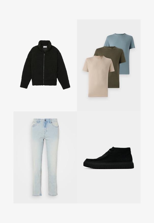 Čierna, nadýchaná bunda na zips vyrobená z textúrovaného fleecového materiálu. Má vysoký golier a bočné vrecká. Obdĺžnikový tvar tela s dlhými rukávmi.; Tričko s krátkym rukávom v béžovej, olivovej a svetlomodrej farbe, vyrobené z jemného materiálu, s okrúhlym výstrihom a jednoduchým dizajnom.; Svetlomodré džínsy s rovnými nohavicami, predné vrecká, zapínanie na gombík a s mierne vyblednutými detailmi.; Čierne členkové čižmy vyrobené z mäkkého materiálu, so zaoblenou špičkou, minimálnym šnurovaním a textúrovanou gumovou podrážkou s vertikálnymi drážkami.
