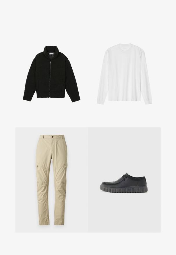 Μαύρο, αφράτο μπουφάν με φερμουάρ, κατασκευασμένο από υφασμάτινη υφή φλις. Διαθέτει ψηλό γιακά και πλαϊνές τσέπες. Ορθογώνιο σχήμα σώματος με μακριά μανίκια.; Λευκό βαμβακερό μπλουζάκι με μακριά μανίκια και στρογγυλή λαιμόκοψη, με ριμπ μανσέτες και ίσια τελειώματα, λεία υφή και μινιμαλιστικό σχεδιασμό.; Μπεζ cargo παντελόνια από ελαφρύ ύφασμα, με πολλαπλές τσέπες, κλείσιμο με κουμπί και σχεδίαση που στενεύει προς τα κάτω. Λείο υλικό.; Μαύρα δερμάτινα casual παπούτσια με στρογγυλή μύτη, χαμηλό προφίλ και παχιά ραβδωτή καουτσούκ σόλα. Διαθέτουν λεπτομέρεια με κορδόνια και απαλό υφασμά.