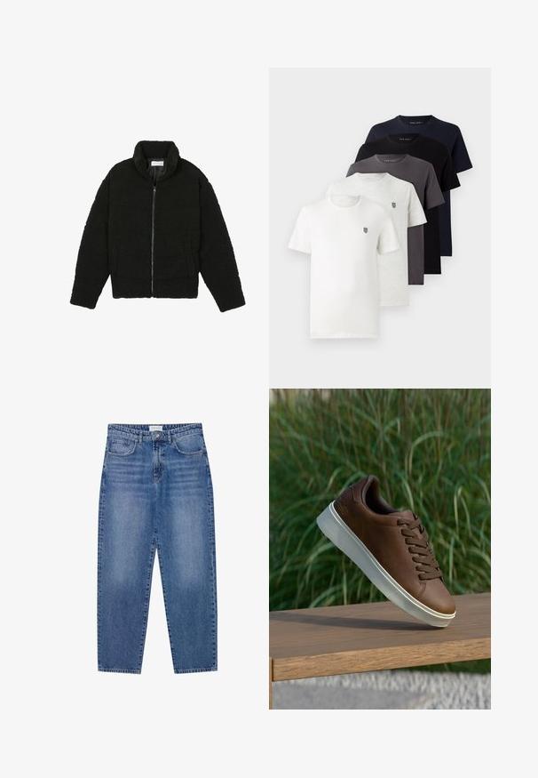 Black, fluffy, zip-up jacket made from textured fleece fabric. Features a high collar and side pockets. Rectangular body shape with long sleeves.; Five short-sleeve cotton t-shirts in white, light gray, dark gray, navy, and black, featuring a small logo on the chest.; Blue denim jeans with a high waist, straight leg design, and faded finish. Features five pockets and a button closure.; Brown leather sneaker with white rubber sole, rounded toe, and brown laces. Textured grip on the sole and smooth finish on the upper.