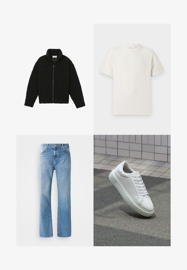 Pier One Casaco polar - black; T-shirt branco de manga curta em textura canelada. Gola redonda, ajuste descontraído, sem padrões ou detalhes visíveis. Design simples e versátil.; Jeans de ganga azul claro com corte reto. As características incluem um fecho com botão, passadores para cinto e bolsos frontais/laterais com desbotamento mínimo.; Tênis de couro branco com superfície lisa, bico redondo e cadarços brancos planos. Apresenta uma sola de borracha texturizada e elementos de design minimalistas.