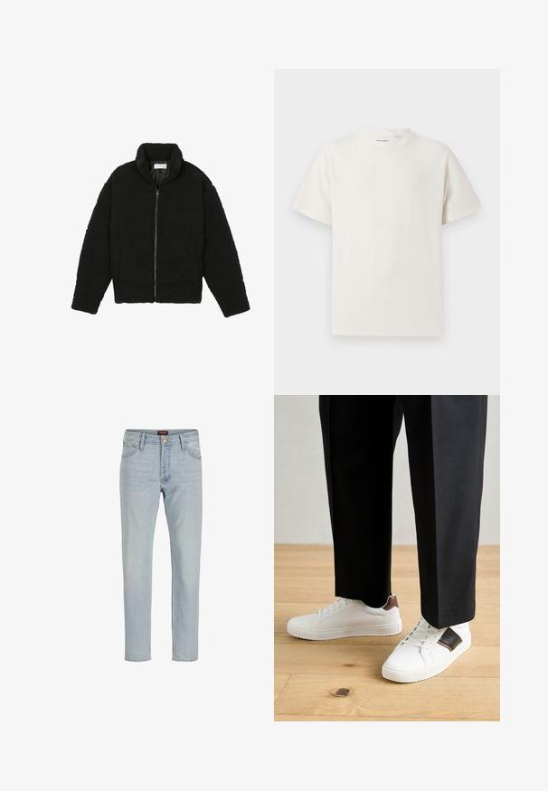 Fekete, bolyhos, cipzáras kabát texturált fleece anyagból. Magas gallérral és oldalzsebekkel rendelkezik. Téglalap alakú test és hosszú ujjak.; Fehér, rövid ujjú póló bordázott textúrával. Kerek nyakkivágás, laza szabás, nincs látható minta vagy díszítés. Egyszerű és sokoldalú dizájn.; Világoskék farmernadrág egyenes szabással, öt zsebbel, gombos záródással és enyhén kopott textúrával.; Fehér sneaker, sima textúrával, barna bőr díszítéssel és fekete részletekkel, fekete szabott nadrággal párosítva. Fából készült padló háttér.