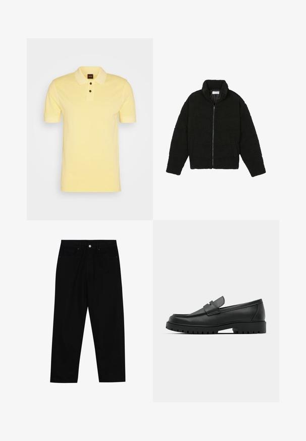 Svart, fluffy glidelåsjakke laget av teksturert fleece-stoff. Har høy krage og sidelommer. Rektangulær kropp med lange ermer.; BOSS PRIME - Poloskjorter - bright yellow; Svarte denimbukser med rette ben, med to frontlommer, knappestolpe og subtile søm-detaljer.; Sorte lærloafere med rund tå, med en syddesign, lav plattformsåle og en teksturert, ruggede gummisåle.