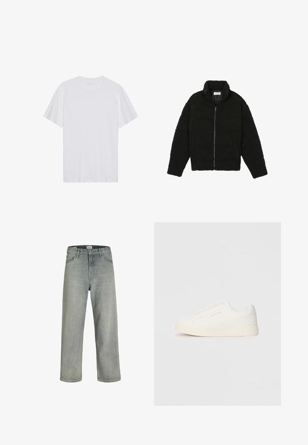 Pier One Casaco polar - black; Camiseta branca de algodão com mangas curtas, um decote redondo e uma textura suave. Apresenta uma marcação mínima na gola.; Jeans soltos de cor cinza claro feitos de denim. Apresentam um design clássico de cinco bolsos, passadores para cinto e uma silhueta de perna reta.; Sapatilhas brancas de atacar com uma superfície texturizada, sola grossa e design minimalista. Possui o logo da marca na lateral.