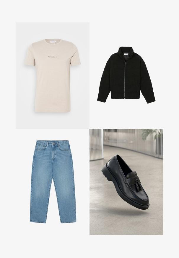 Czarna, puszysta kurtka zapinana na zamek, wykonana z teksturowanego polaru. Posiada wysoki kołnierz i boczne kieszenie. Prostokątny kształt sylwetki z długimi rękawami.; Beżowa koszulka z krótkim rękawem wykonana z miękkiej bawełny, z delikatnym nadrukiem "Arrivederci" w szarym kolorze z przodu, klasyczny okrągły dekolt.; Jasnoniebieskie dżinsy z denimu o prostym kroju nogawek, z pięcioma kieszeniami i lekko wyblakłą teksturą. Zapięcie na guzik i suwak.; Czarne skórzane mokasyny o gładkim wykończeniu, z dekoracyjnym chwostem, grubą gumową podeszwą i przeszyciami. Lekka i elegancka konstrukcja.