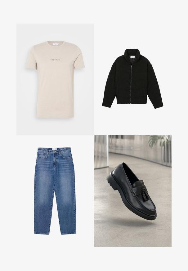 Sort, luftig, lynlåstrøje lavet af tekstureret fleece-stof. Har en høj krave og sidelommer. Rektangulær kropsform med lange ærmer.; Beige kortærmet t-shirt lavet af blødt bomuld, med et diskret "Arrivederci" print i grå foran, klassisk rund halsudskæring.; Blå denim jeans med høj talje, lige ben design og slidte finish. Har fem lommer og en knaplukning.; Sorte læderloafer med glat finish, dekorativ kvast, tyk gummisål og syede detaljer. Let og elegant design.