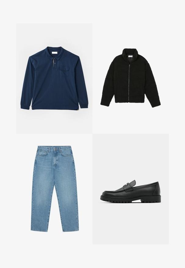 Svart, fluffy glidelåsjakke laget av teksturert fleece-stoff. Har høy krage og sidelommer. Rektangulær kropp med lange ermer.; Mørkeblå langermet polo-skjorte laget av bomull. Har en tre-knappers placket, en brystlomme og en sideslisse i nederkant. Glatt tekstur.; Lyseblå jeans i denim med rett ben, fem-lommers design og en lett falmet tekstur. Har knappe- og glidelåslukking.; Sorte lærloafere med rund tå, med en syddesign, lav plattformsåle og en teksturert, ruggede gummisåle.