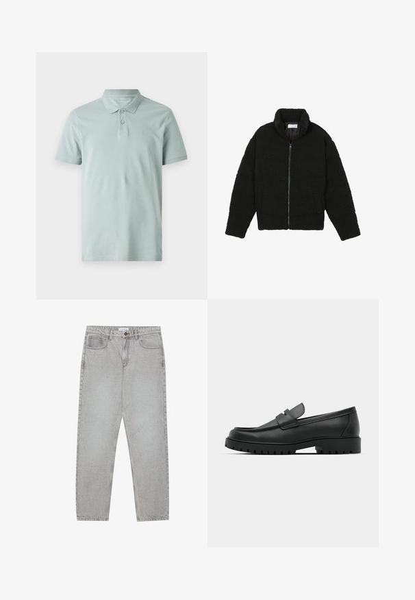 Černá, nadýchaná bunda na zip vyrobená z texturované fleecové látky. Má vysoký límec a boční kapsy. Obdélníkový tvar těla s dlouhými rukávy.; Světle zelená polo košile vyrobená z bavlny. Disponuje klasickým límečkem, zapínáním na tři knoflíky, krátkými rukávy a malým vyšívaným logem na hrudi.; Světlé šedé džíny s rovnými nohavicemi, pět kapsami a knoflíkovým zapínáním. Viditelné švy podél švů.; Černé kožené mokasíny s kulatou špičkou, zdobené prošitím, s nízkou platformou a texturovanou gumovou podrážkou s drážkováním.