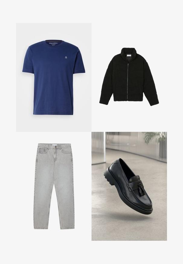 Giacca nera, soffice e con chiusura a zip, realizzata in tessuto in pile testurizzato. Presenta un collo alto e tasche laterali. Forma del corpo rettangolare con maniche lunghe.; T-shirt in cotone blu navy con maniche corte, colletto rotondo e piccolo logo ricamato sul petto, con vestibilità regolare.; Pantaloni in denim grigio chiaro con design a gamba dritta, stile a cinque tasche e chiusura con bottone. Cuciture visibili lungo le cuciture.; Mocassini in pelle nera con finitura liscia, nappe decorative, suola spessa in gomma e dettagli cuciti. Design leggero ed elegante.