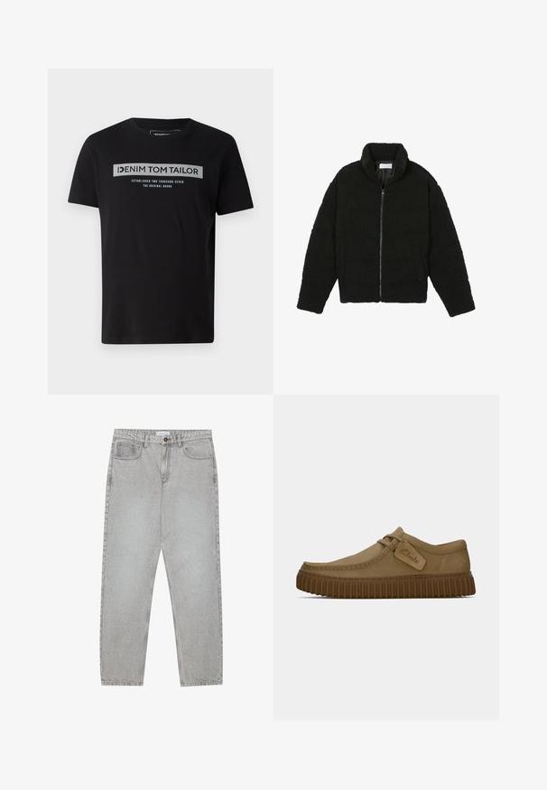 Sort, luftig, lynlåstrøje lavet af tekstureret fleece-stof. Har en høj krave og sidelommer. Rektangulær kropsform med lange ærmer.; Sort bomulds T-shirt med korte ærmer, der har et frontgrafik i grå og blå tekst, som inkluderer mærkenavnet "DENIM TOM TAILOR."; Lysegrå denimbukser med lige ben, fem lommer og knaplukning. Synlig syning langs sømmene.; Lysebrune ruskindsko med rund tå, syet detaljer og en ribbet brun gummisål. Har et sidemærke med "Clarks" logo.