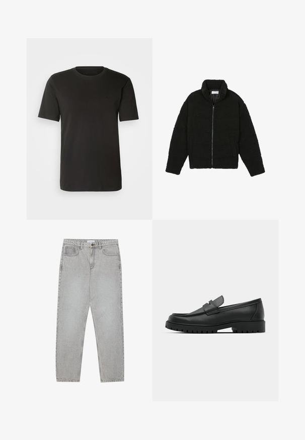 Casaco preto, fofo, com fecho e confeccionado em tecido de lã texturizada. Apresenta gola alta e bolsos laterais. Forma retangular no corpo com mangas compridas.; T-shirt de algodão preto com um corte clássico, gola redonda e mangas curtas, com um detalhe subtil do logo no peito e uma textura suave.; Calças de ganga cinza claro com um design de perna reta, estilo de cinco bolsos e fecho com botão. Costura visível ao longo das costuras.; Sapatilhas de couro preto com bico arredondado, apresentando um design cosido, sola de plataforma baixa e um solado de borracha texturizado e com cravos.