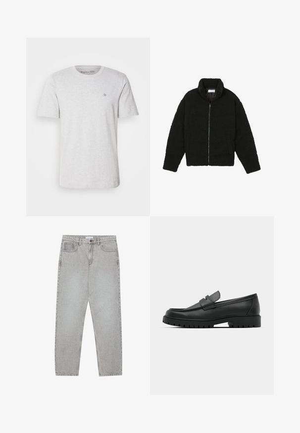 Sort, luftig, lynlåstrøje lavet af tekstureret fleece-stof. Har en høj krave og sidelommer. Rektangulær kropsform med lange ærmer.; Lys grå bomulds T-shirt med korte ærmer, rund halsudskæring og broderet logo på brystet. Blød tekstur og standard pasform.; Lysegrå denimbukser med lige ben, fem lommer og knaplukning. Synlig syning langs sømmene.; Sorte læder loafers med rund tå, der har et syet design, lav platformssål og en struktureret, skridsikker gummisål.