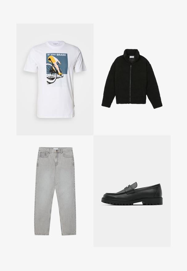 Svart, fluffy glidelåsjakke laget av teksturert fleece-stoff. Har høy krage og sidelommer. Rektangulær kropp med lange ermer.; Hvit bomulls T-skjorte med en sykkelgrafikk. Designet inkluderer en syklist i gult og blått med teksten: "HVIS DU BREMSE, VINNER DU IKKE."; Lys grå denimbukser med rett ben-design, fem lommer og knappelukking. Synlig søm langs sømmene.; Sorte lærloafere med rund tå, med en syddesign, lav plattformsåle og en teksturert, ruggede gummisåle.