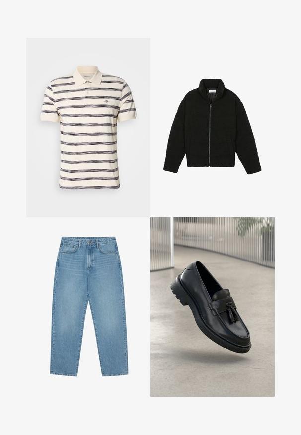 Schwarze, flauschige Jacke mit Reißverschluss aus strukturiertem Fleece-Stoff. Verfügt über einen hohen Kragen und Seitentaschen. Rechteckige Körperform mit langen Ärmeln.; Gestreiftes Poloshirt in Creme mit marineblauen horizontalen Streifen. Verfügt über einen umgeschlagenen Kragen, zwei Knöpfe und ein kleines Markenlogo auf der Brust.; Hellblaue Jeans aus Denim mit geradem Bein, Fünf-Taschen-Design und leicht verwaschener Textur. Mit Knopf- und Reißverschluss ausgestattet.; Schwarze Leder-Loafer mit glatter Oberfläche, dekorativem Quasten, dicker Gummisohle und abgesteppten Akzenten. Leichtes und schlankes Design.