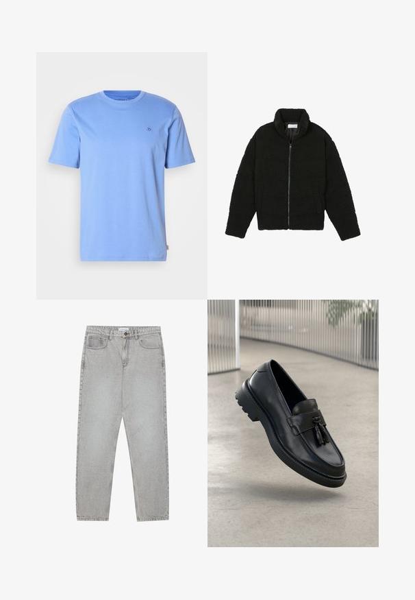 Sort, luftig, lynlåstrøje lavet af tekstureret fleece-stof. Har en høj krave og sidelommer. Rektangulær kropsform med lange ærmer.; Lyseblå bomulds T-shirt med rund halsudskæring og korte ærmer. Har et lille broderet logo på brystet og en sideskilt.; Lysegrå denimbukser med lige ben, fem lommer og knaplukning. Synlig syning langs sømmene.; Sorte læderloafer med glat finish, dekorativ kvast, tyk gummisål og syede detaljer. Let og elegant design.