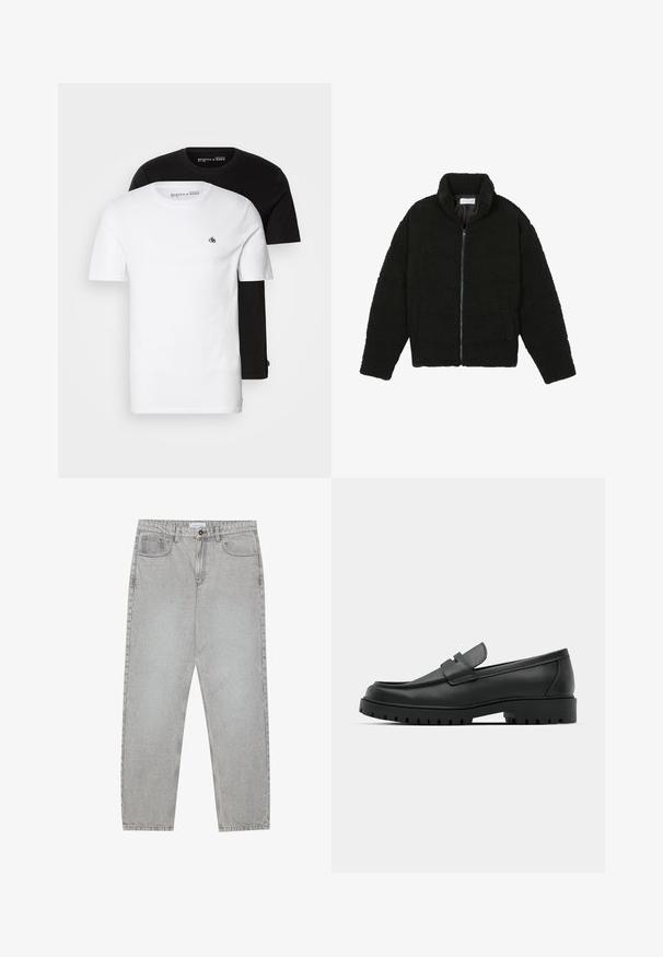 Melnā, pūkaina pārvelkama jaka no teksturēta flīsa auduma. Aprīkota ar augstu apkakli un sānu kabatām. Taisnstūra formas ķermenis ar garām piedurknēm.; Divas kokvilnas T-krekli: viens balts ar mazu logo uz krūtīm, un otrs melns. Abiem ir īsās piedurknes un klasiskā apaļā apkakle.; Gai pelēko džinsu bikses ar taisnajām kājām, piecu kabatu stilu un pogu aizdari. Redzama šuvju apstrāde gar šuvēm.; Melnas ādas loafers ar noapaļotu purngalu, ar izšūtu dizainu, zemu platformas zoli un teksturētu, rievotu gumijas ārējo zoli.